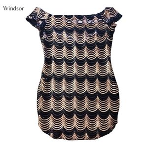 Windsor Black and Gold Sequin Off-Shoulder Dress